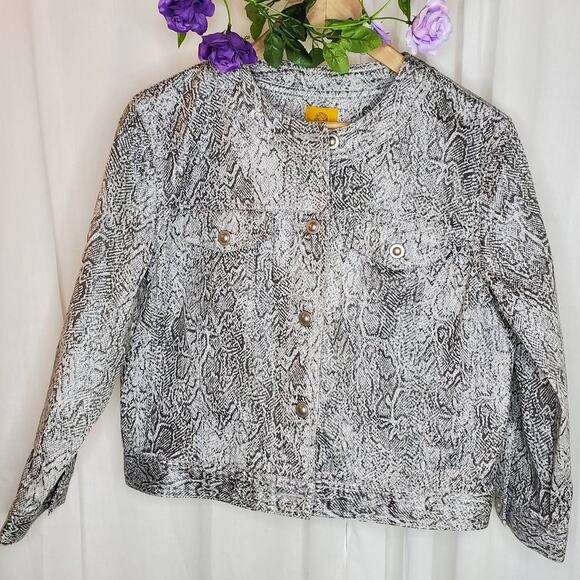 Ruby Road Gray Sparkle Snake Print Denim Style No Collar Jacket, 10 - Picture 1 of 9